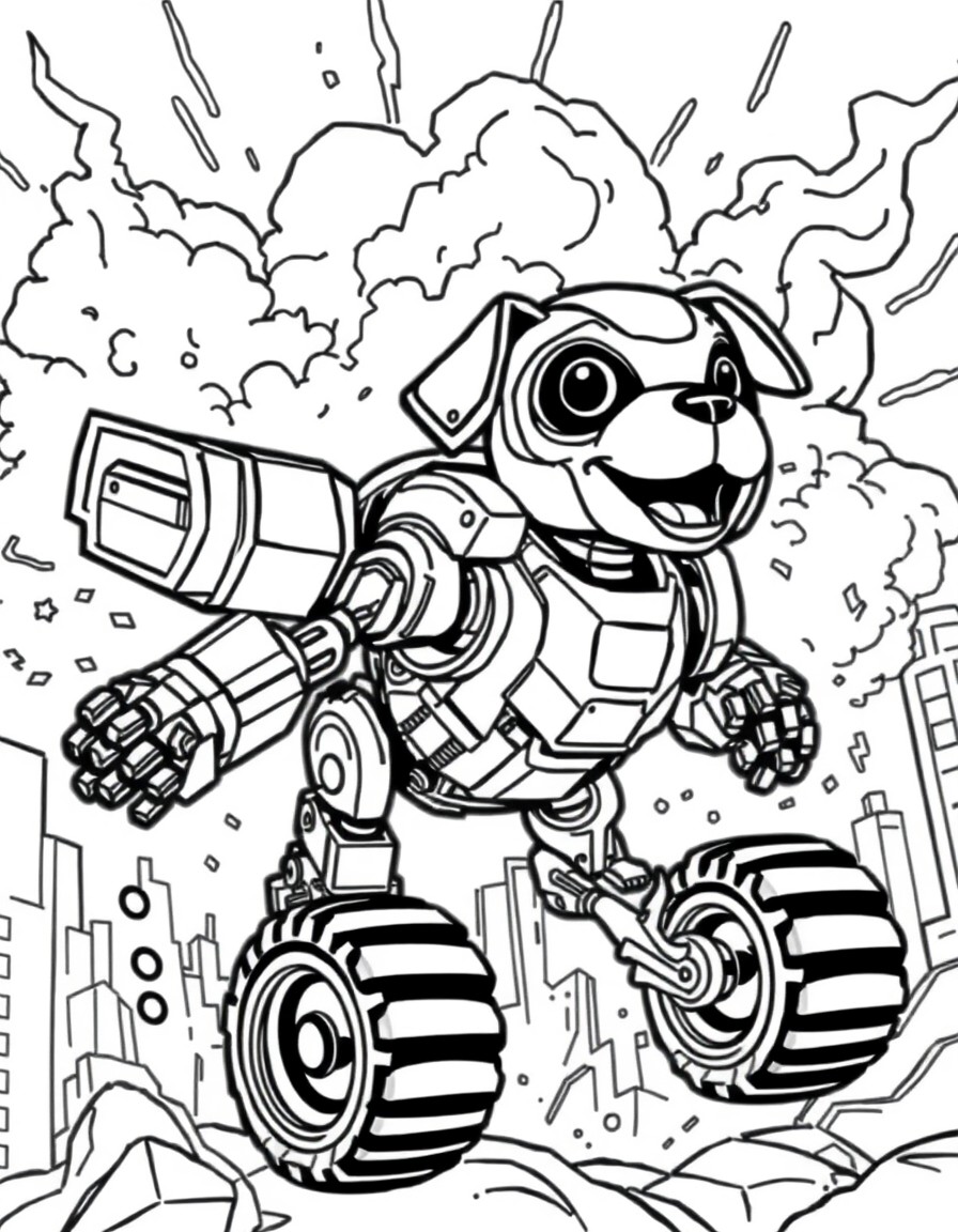 strong puppy robot flying in a exploding city background