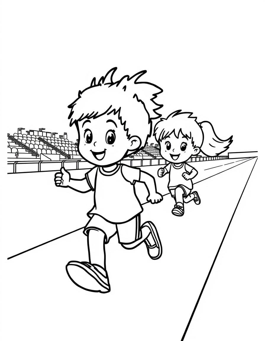 Create a simple illustration featuring 2 children at a race on a track. One child is far ahead  and winning. While the other child is very very far behind obviously losing