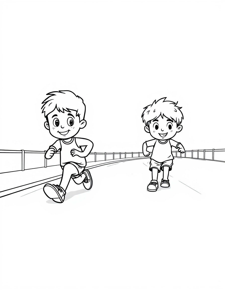 Create a simple illustration featuring 2 children at a race on a track. One child is far ahead  and winning. While the other child is very very far behind obviously losing