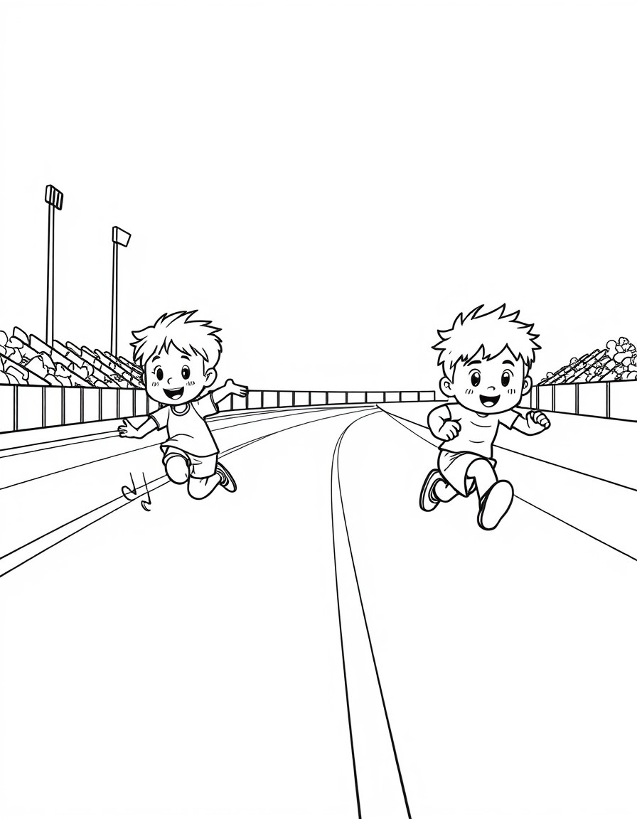 Create a simple illustration featuring 2 children at a race on a track. One child is far ahead  and winning. While the other child is very very far behind obviously losing
