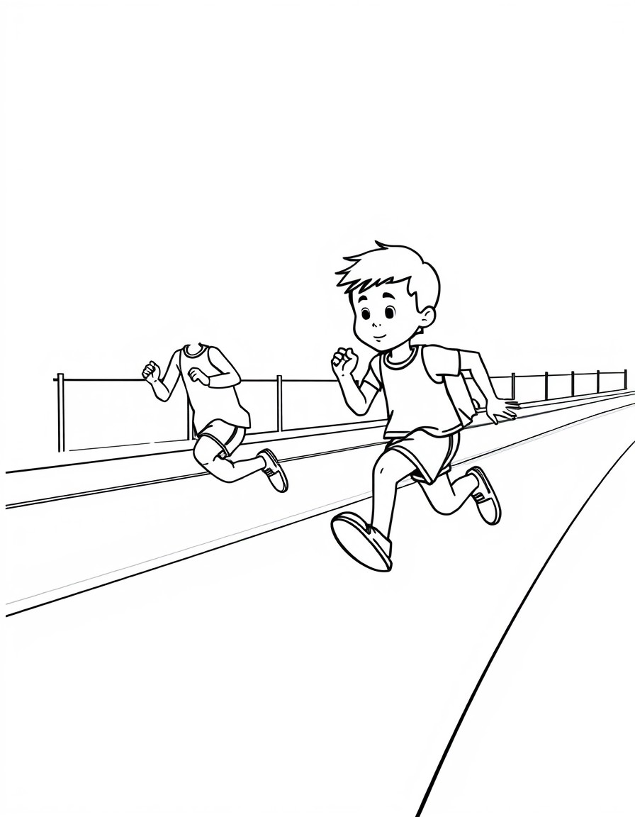 Create a simple illustration featuring 2 children at a race on a track. One child is far ahead  and winning. While the other child is very very far behind obviously losing