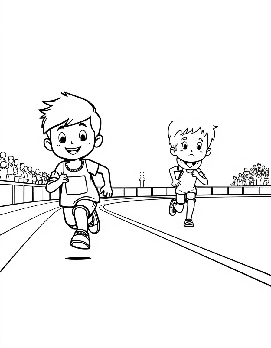 Create a simple illustration featuring 2 children at a race on a track. One child is far ahead  and winning. While the other child is very very far behind obviously losing