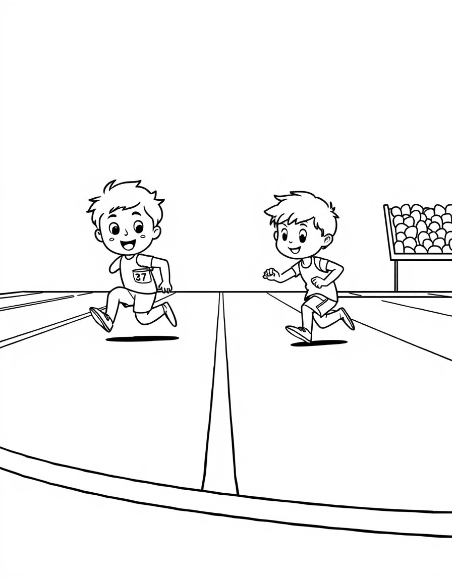 Create a simple illustration featuring 2 children at a race on a track. One child is far ahead  and winning. While the other child is very very far behind obviously losing