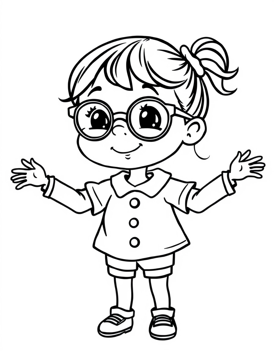 a cute little girl with big glasses waving her arms in the air, he arms are long wavy and wiggly