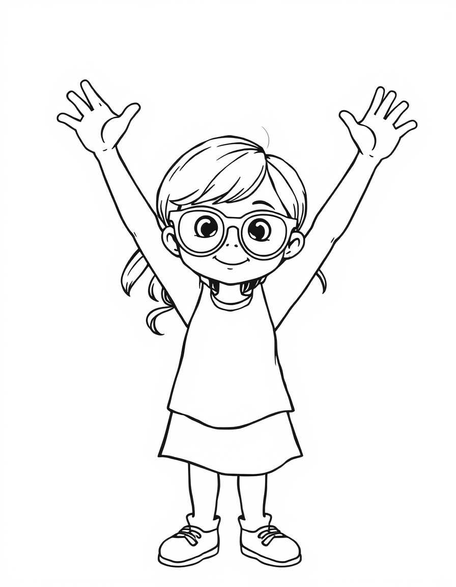 a cute little girl with big glasses waving her arms in the air, he arms are long wavy and wiggly