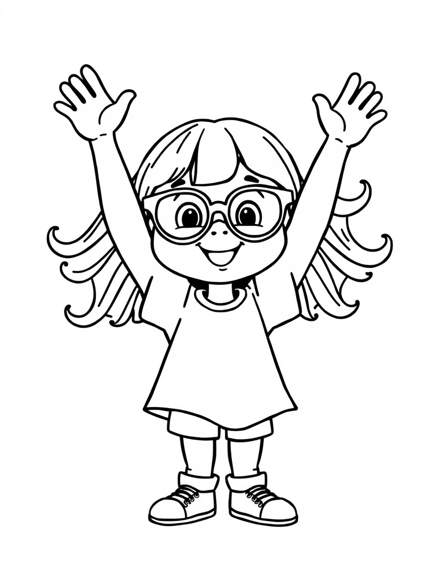 a cute little girl with big glasses waving her arms in the air, he arms are long wavy and wiggly