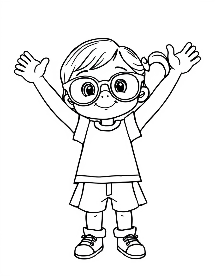 a cute little girl with big glasses waving her arms in the air, he arms are long wavy and wiggly