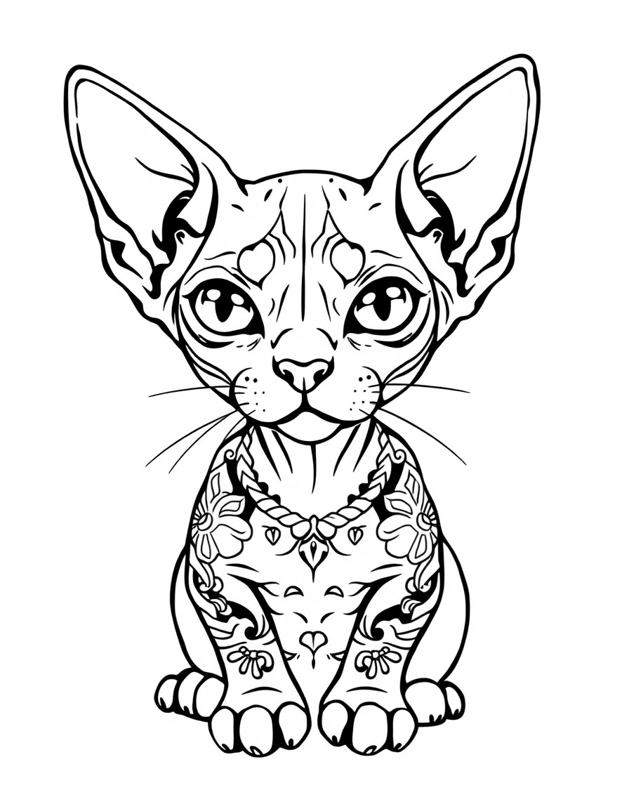 sphynx cat with tattoo's. if possible make it with numbers so it can be used for drawing by numbers. dont use more than ten colors