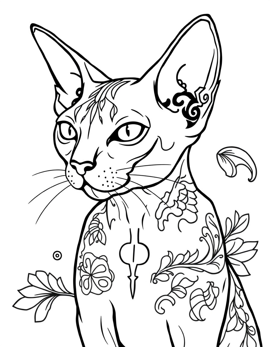 sphynx cat with tattoo's. if possible make it with numbers so it can be used for drawing by numbers. dont use more than ten colors