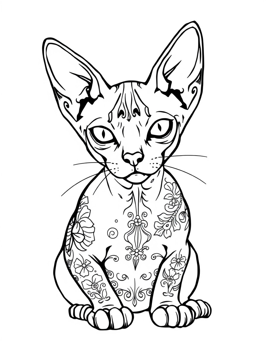 sphynx cat with tattoo's. if possible make it with numbers so it can be used for drawing by numbers. dont use more than ten colors