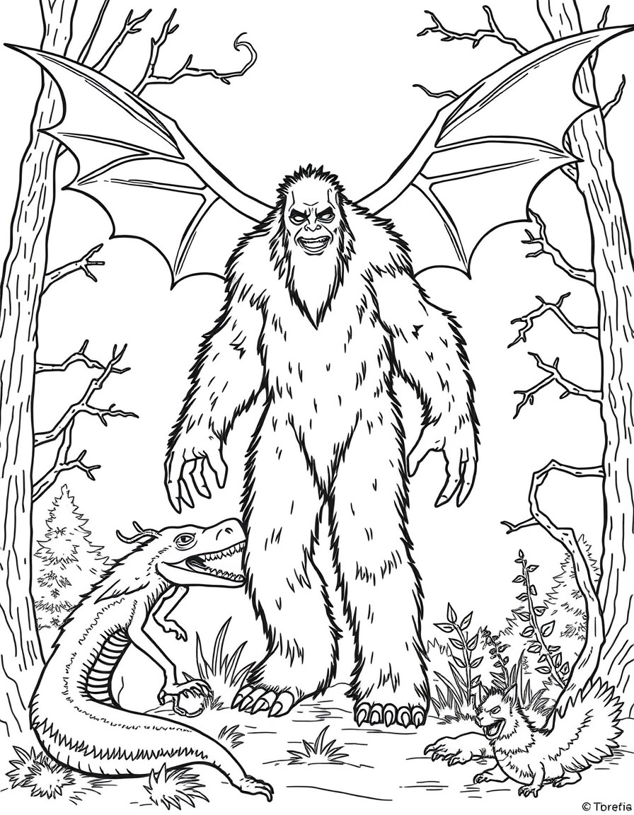 I need a coloring page that has Mothman, a yeti, bigfoot, Nessie, gryphon and other cryptids that I can color and cut out
