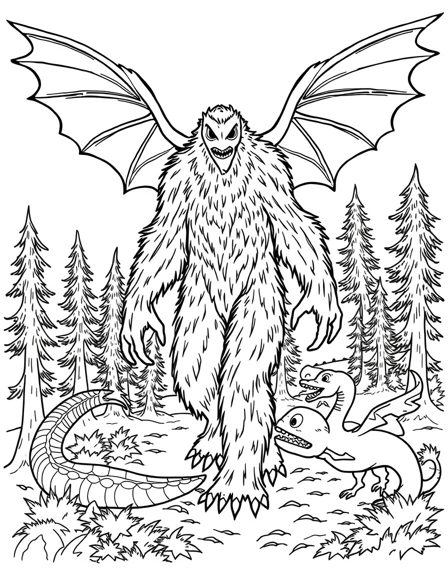 I need a coloring page that has Mothman, a yeti, bigfoot, Nessie, gryphon and other cryptids that I can color and cut out