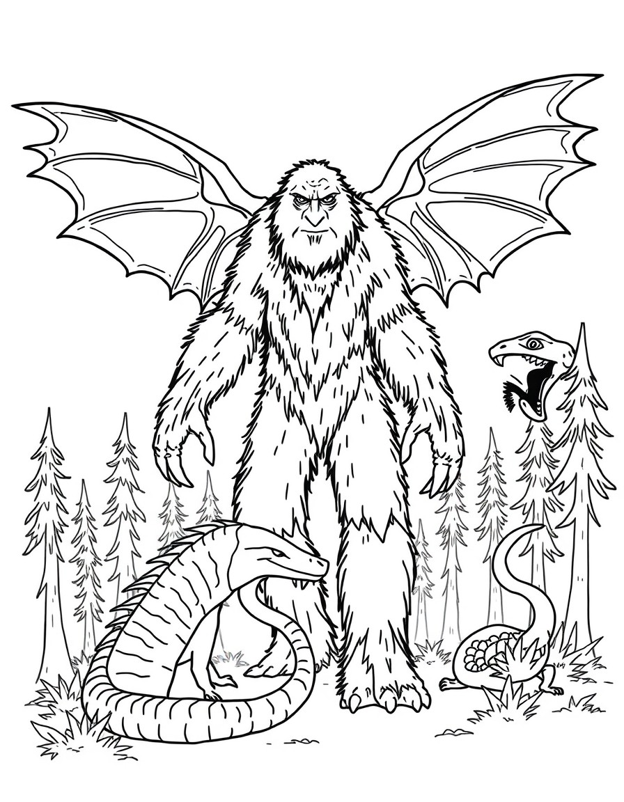 I need a coloring page that has Mothman, a yeti, bigfoot, Nessie, gryphon and other cryptids that I can color and cut out