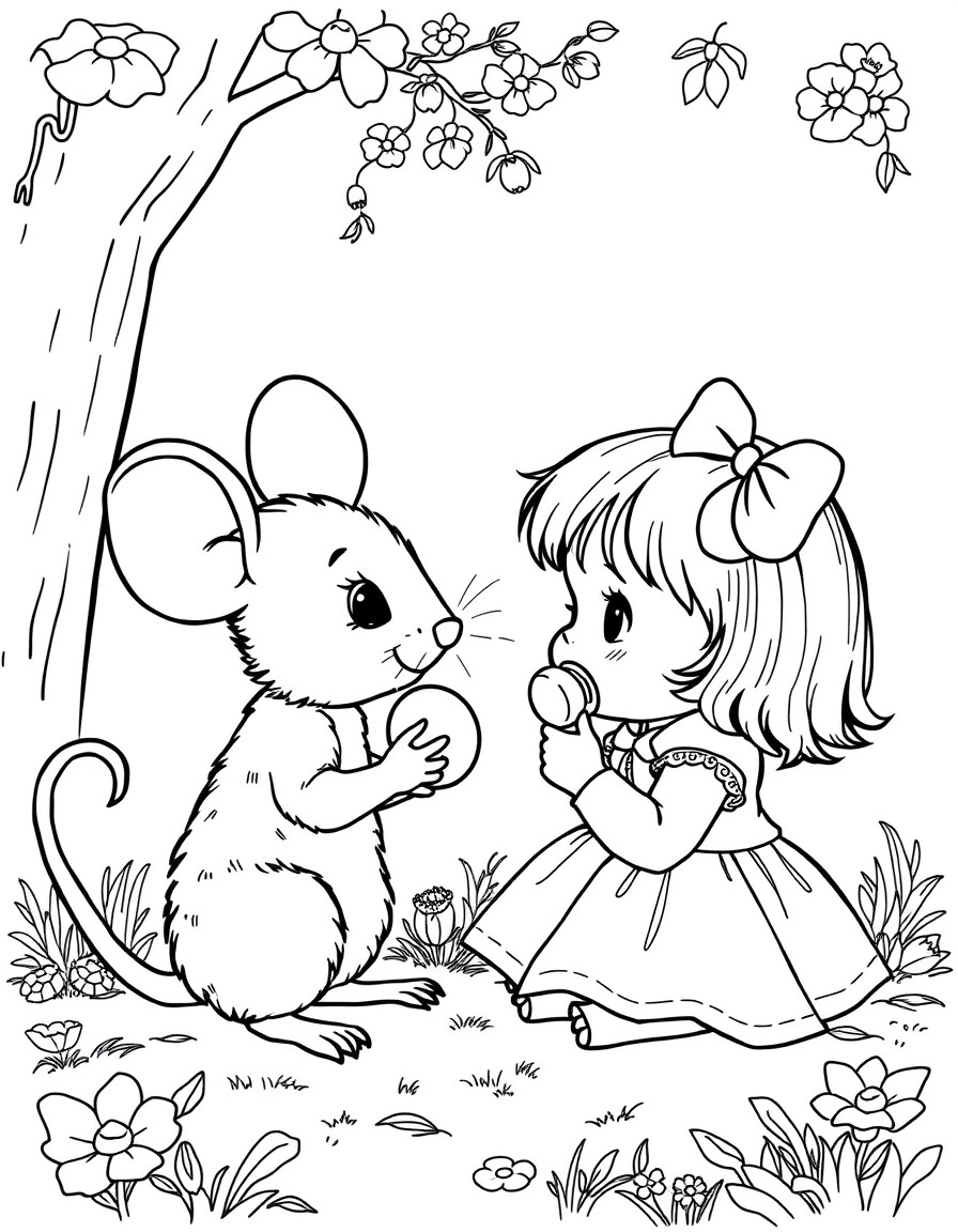 A tiny mouse asking the little toddler girl for her pacifier