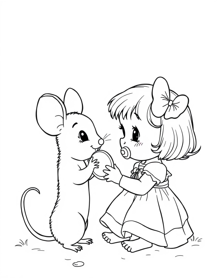 A tiny mouse asking the little toddler girl for her pacifier