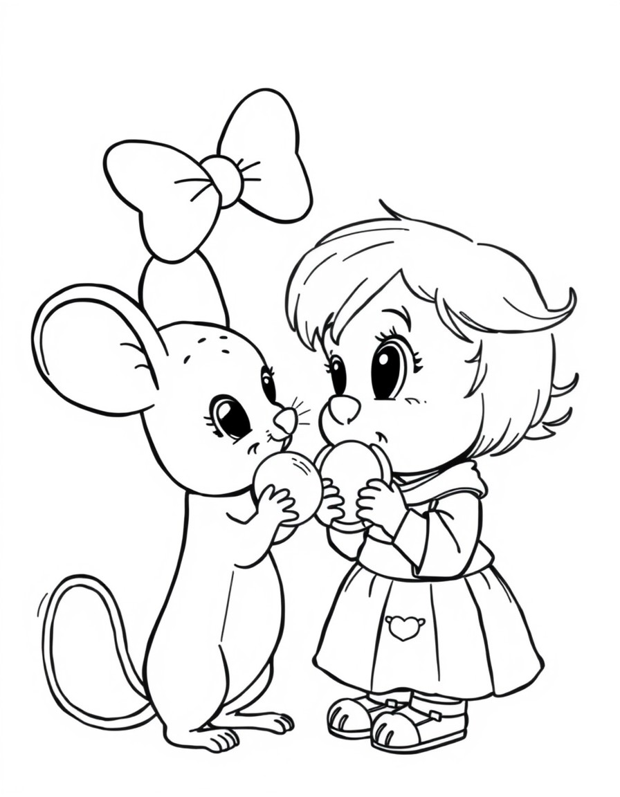 A tiny mouse asking the little toddler girl for her pacifier