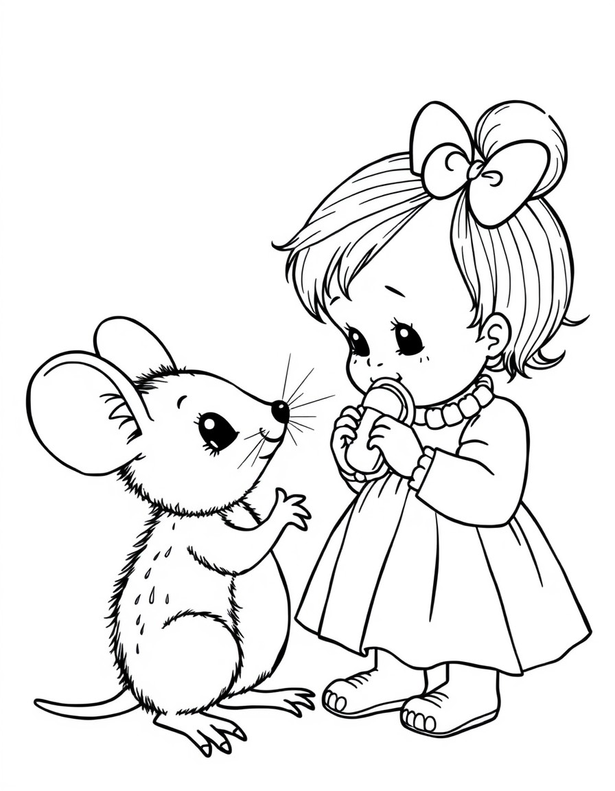 A tiny mouse asking the little toddler girl for her pacifier