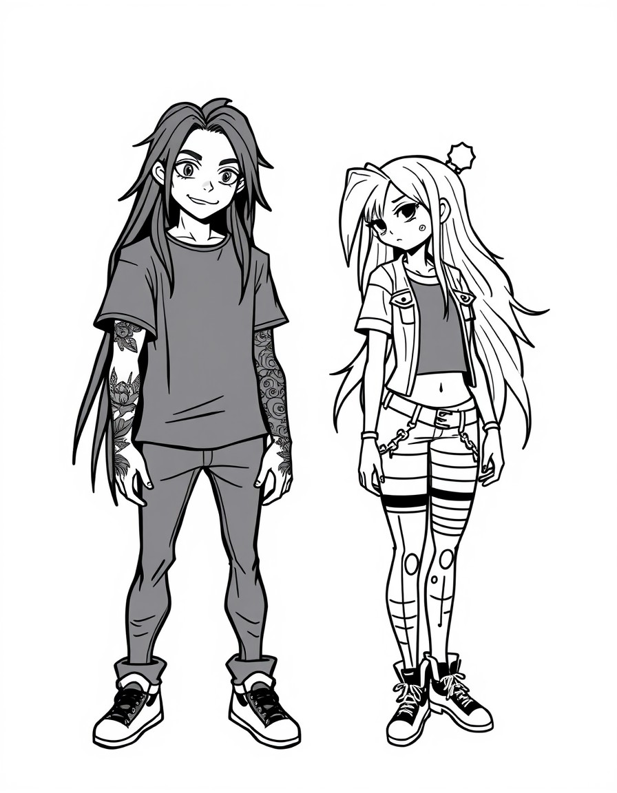 A teenage boy with long black hair and tattoos named Isaac in  black T shirt with a teenage punk rock girl named Feebee