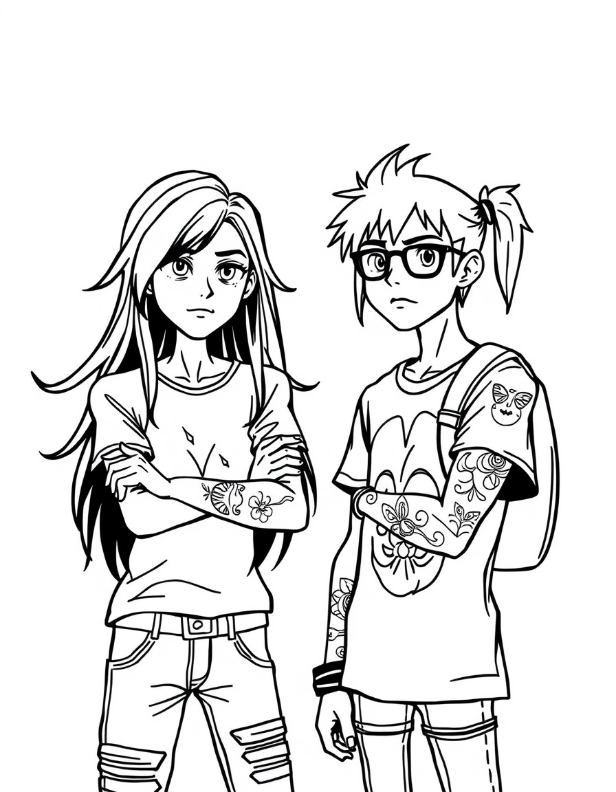 A teenage boy with long black hair and tattoos named Isaac in  black T shirt with a teenage punk rock girl named Feebee