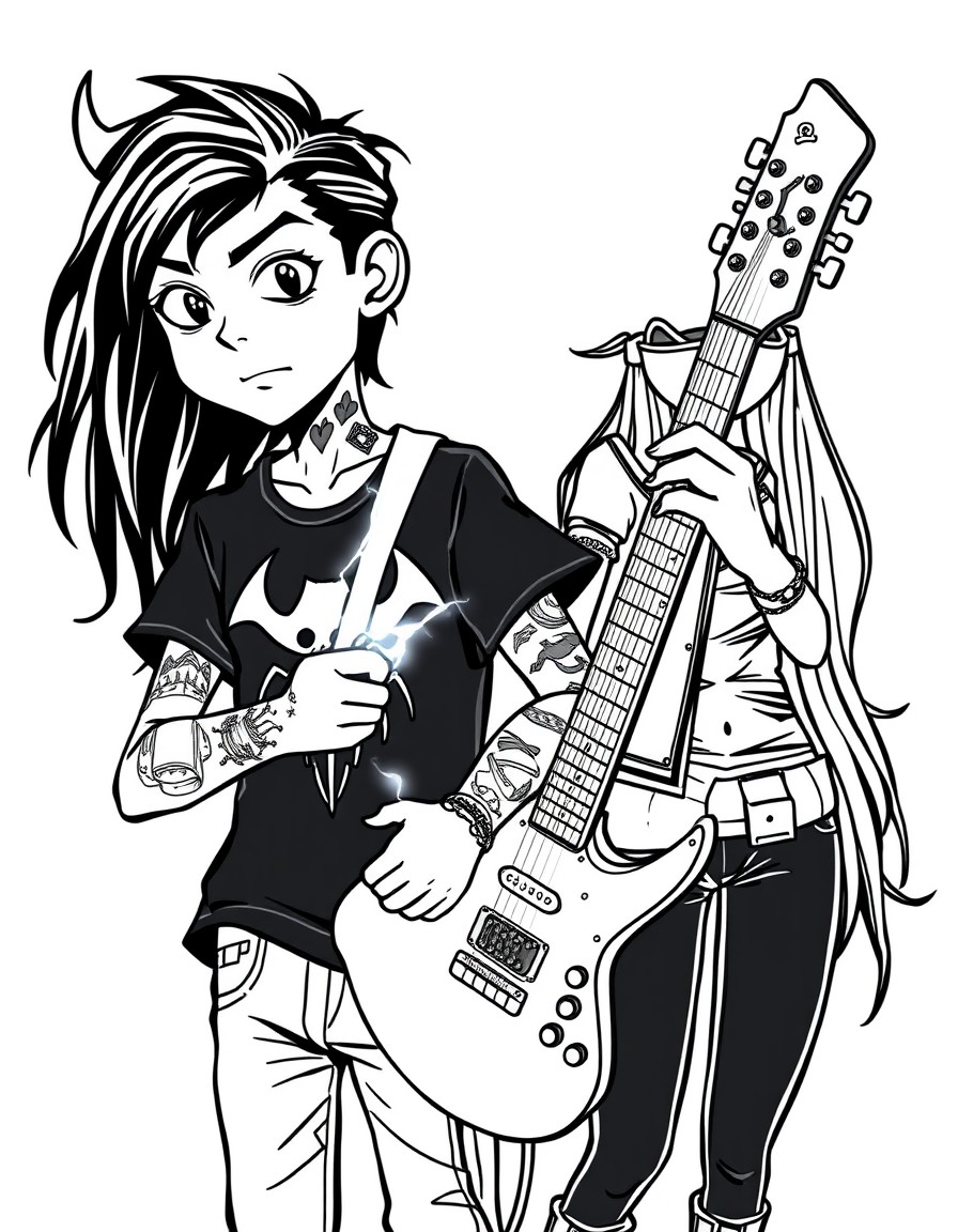 A teenage boy with long black hair and tattoos named Isaac in a black demon T shirt and lightening around his hands with a guitar with an asian teenage punk rock girl named Feebee