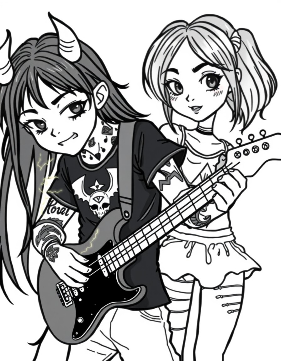 A teenage boy with long black hair and tattoos named Isaac in a black demon T shirt and lightening around his hands with a guitar with an asian teenage punk rock girl named Feebee