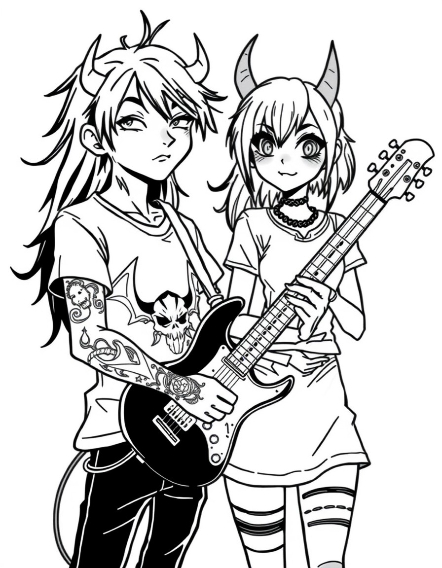 A teenage boy with long black hair and tattoos named Isaac in a black demon T shirt and lightening around his hands with a guitar with an asian teenage punk rock girl named Feebee