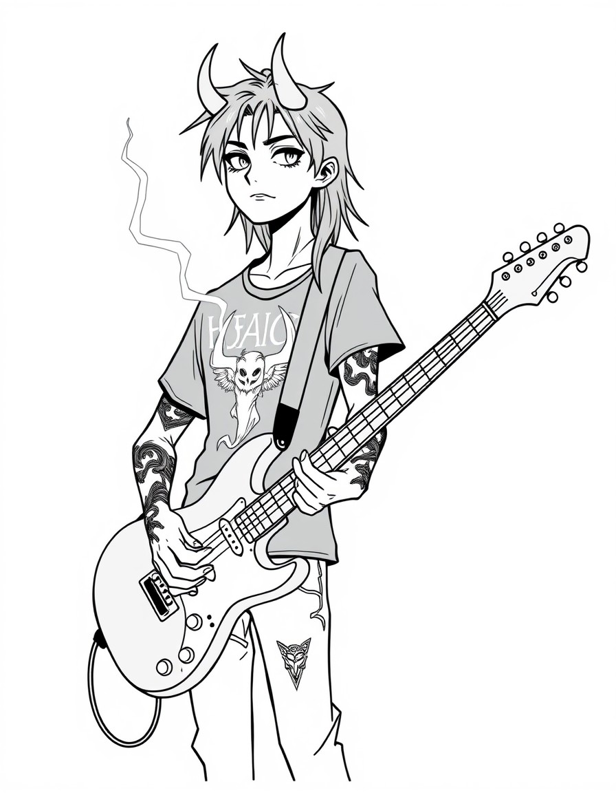 A teenage boy with long black hair and tattoos named Isaac in a black demon T shirt and lightening around his hands with a guitar with an asian teenage punk rock girl named Feebee