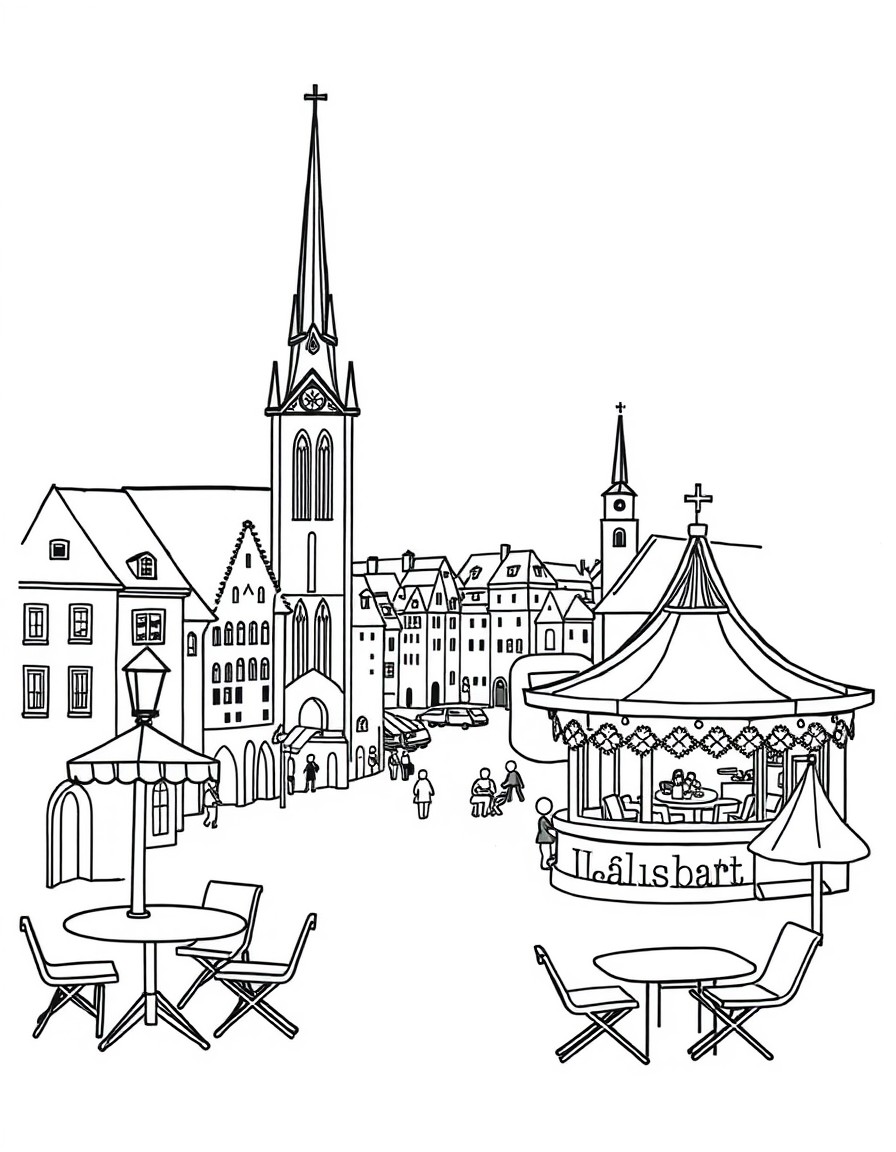 "prompt" "A whimsical, fairy-tale-inspired coloring page depicting the city of Plze and the charming caf lek a punt at Nplavka. The scene should include iconic landmarks of Plze, such as the St. Bart