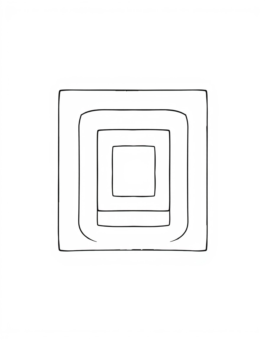 A mindful coloring sheet depicting a geometric design with nested circles and squares. A minimalistic and simple kids' coloring book page very clean with thick lines typical of a minimalistic children