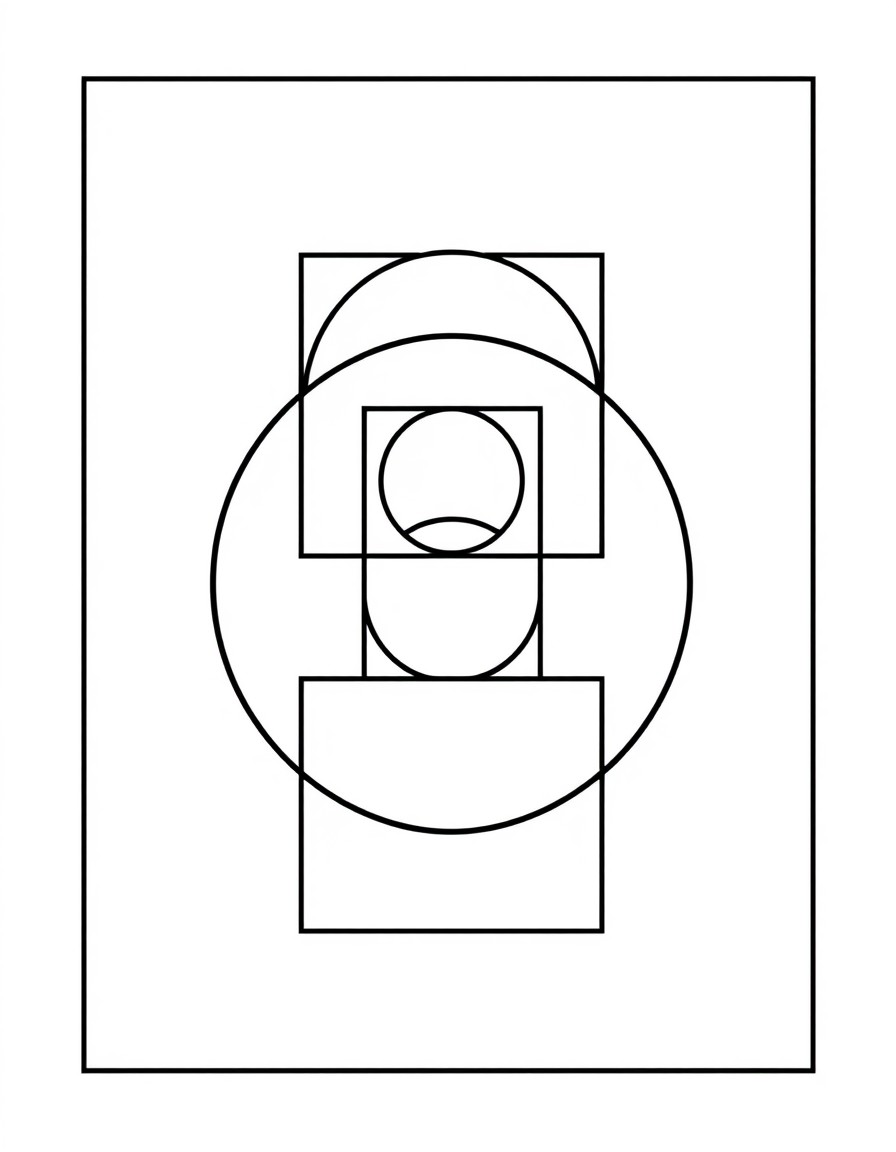 A mindful coloring sheet depicting a geometric design with nested circles and squares. A minimalistic and simple kids' coloring book page very clean with thick lines typical of a minimalistic children