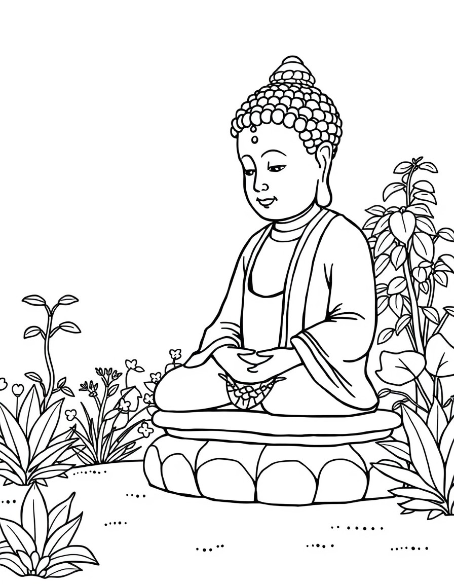 A mindfulness coloring page illustrating a garden with a detailed stone Buddha statue. A clean and minimalistic kids' coloring book page very simple with thick lines in the style of minimalistic kid's