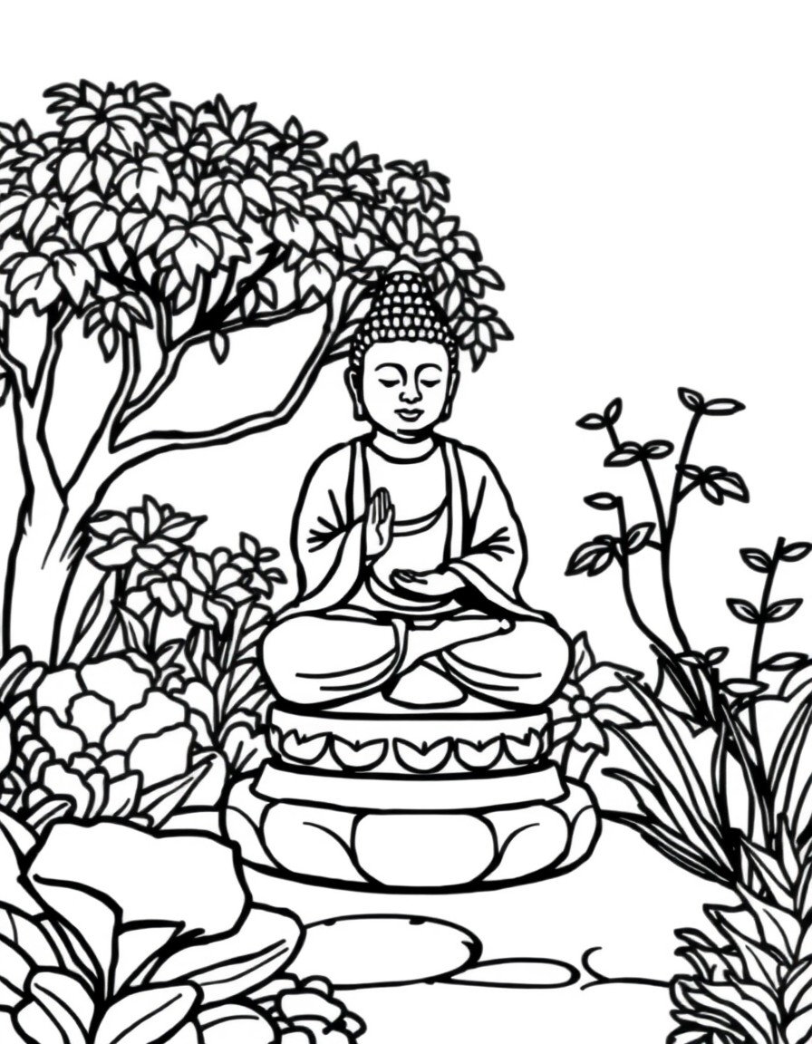 A mindfulness coloring page illustrating a garden with a detailed stone Buddha statue. A clean and minimalistic kids' coloring book page very simple with thick lines in the style of minimalistic kid's