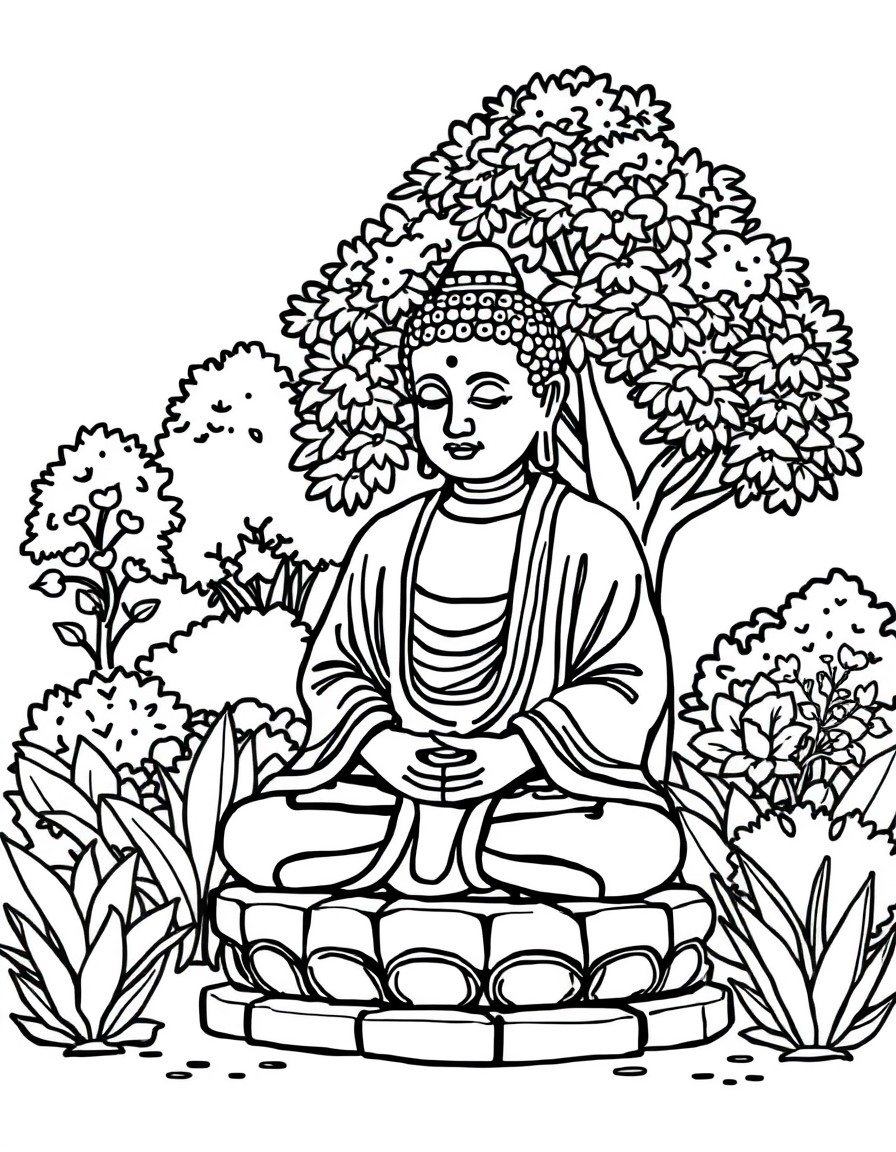 A mindfulness coloring page illustrating a garden with a detailed stone Buddha statue. A clean and minimalistic kids' coloring book page very simple with thick lines in the style of minimalistic kid's