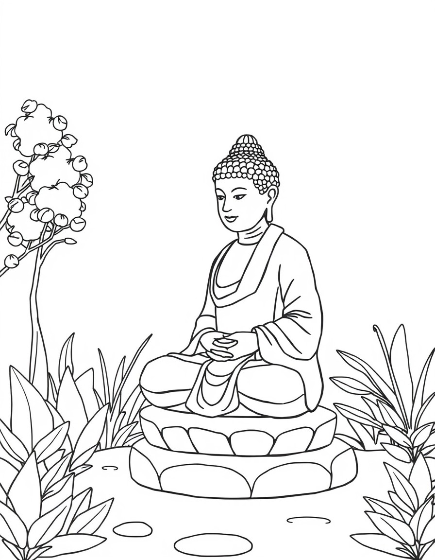 A mindfulness coloring page illustrating a garden with a detailed stone Buddha statue. A clean and minimalistic kids' coloring book page very simple with thick lines in the style of minimalistic kid's