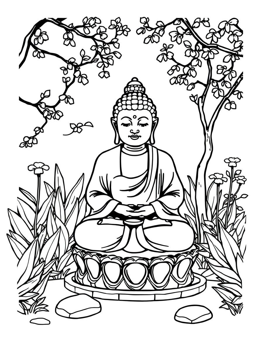 A mindfulness coloring page illustrating a garden with a detailed stone Buddha statue. A clean and minimalistic kids' coloring book page very simple with thick lines in the style of minimalistic kid's