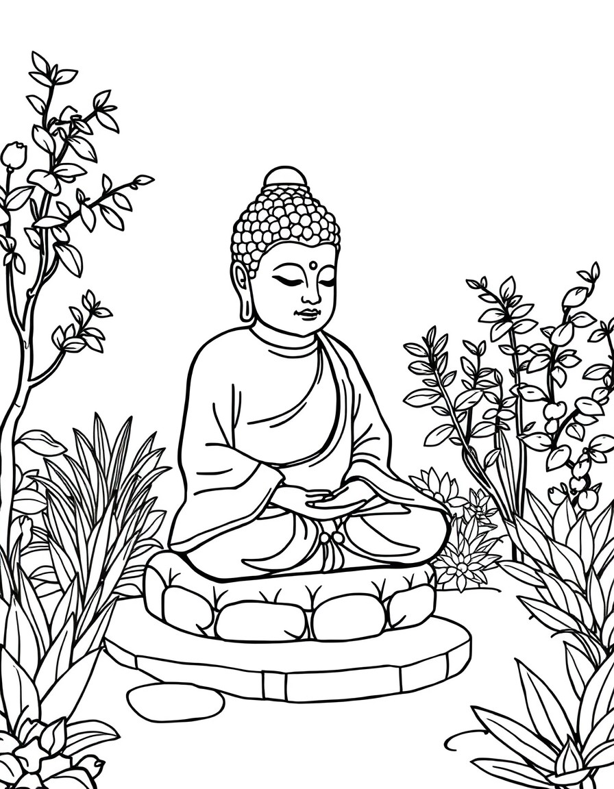 A mindfulness coloring page illustrating a garden with a detailed stone Buddha statue. A clean and minimalistic kids' coloring book page very simple with thick lines in the style of minimalistic kid's