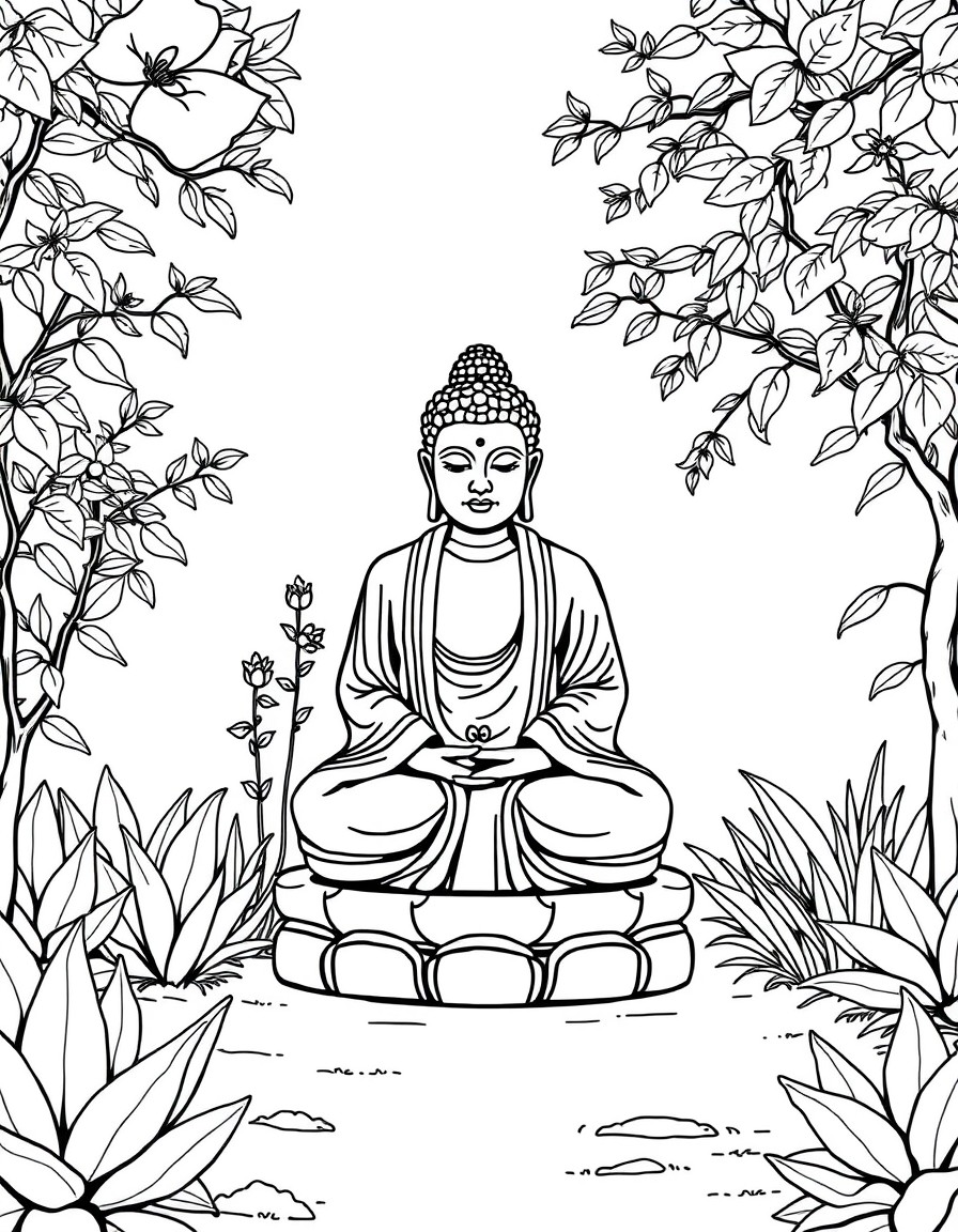 A mindfulness coloring page illustrating a garden with a detailed stone Buddha statue. A clean and minimalistic kids' coloring book page very simple with thick lines in the style of minimalistic kid's