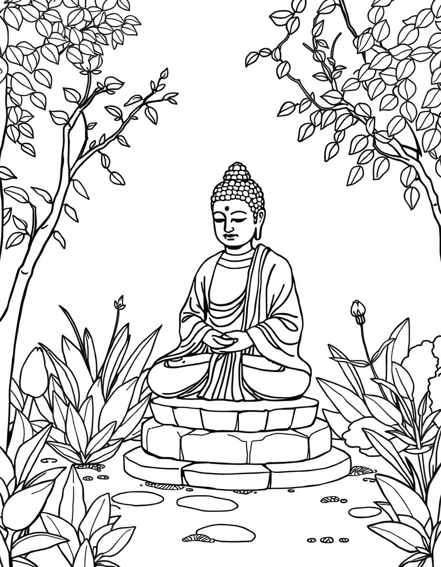 A mindfulness coloring page illustrating a garden with a detailed stone Buddha statue. A clean and minimalistic kids' coloring book page very simple with thick lines in the style of minimalistic kid's