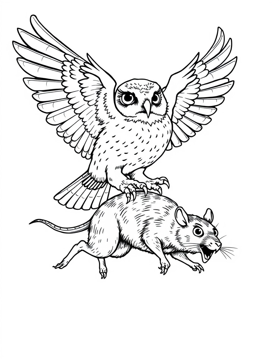 An owl flying in the air about to grab a fleeing rat with its talons