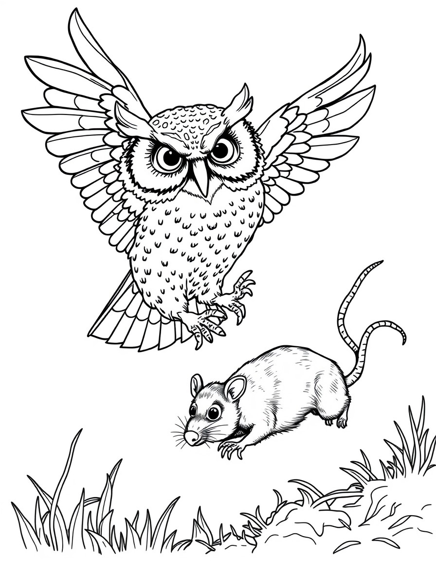 An owl flying in the air about to grab a fleeing rat with its talons
