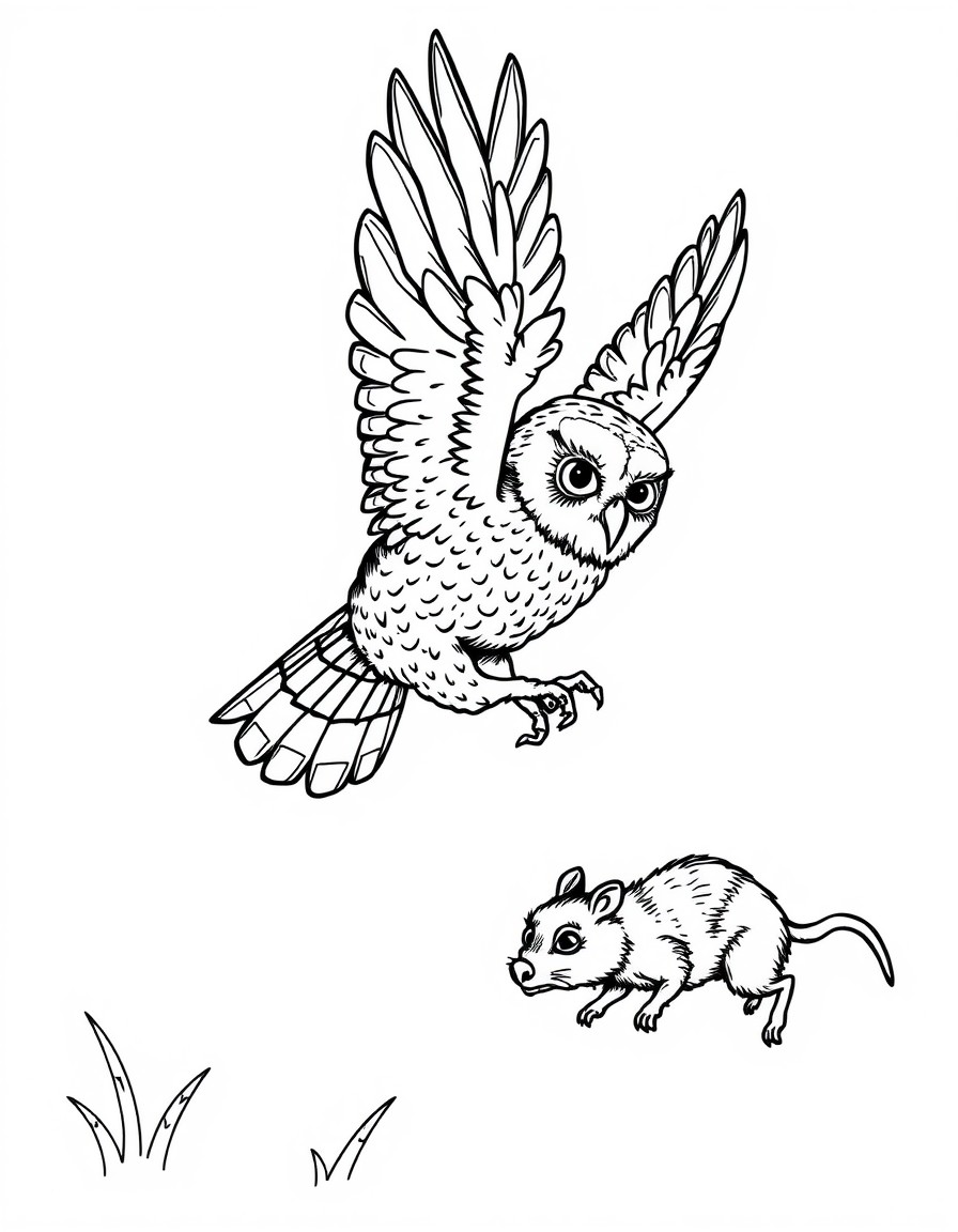 An owl flying in the air about to grab a fleeing rat with its talons