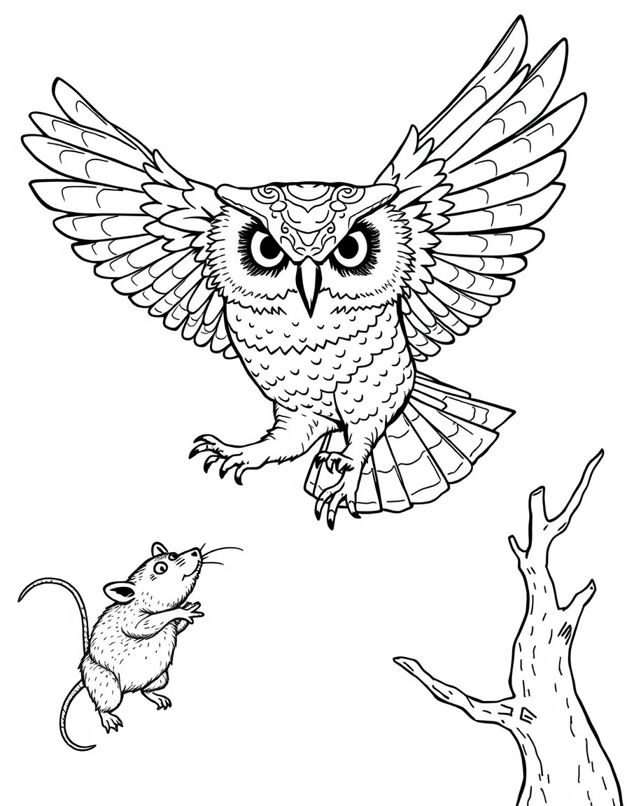 An owl flying in the air about to grab a fleeing rat with its talons