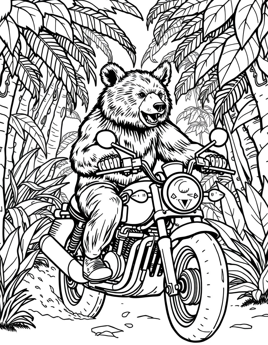 a bear riding a motorcyle in the jungle