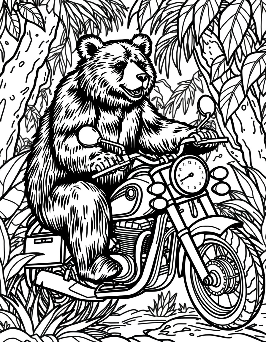 a bear riding a motorcyle in the jungle