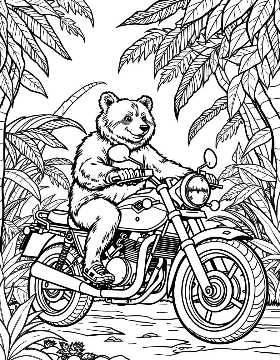 a bear riding a motorcyle in the jungle