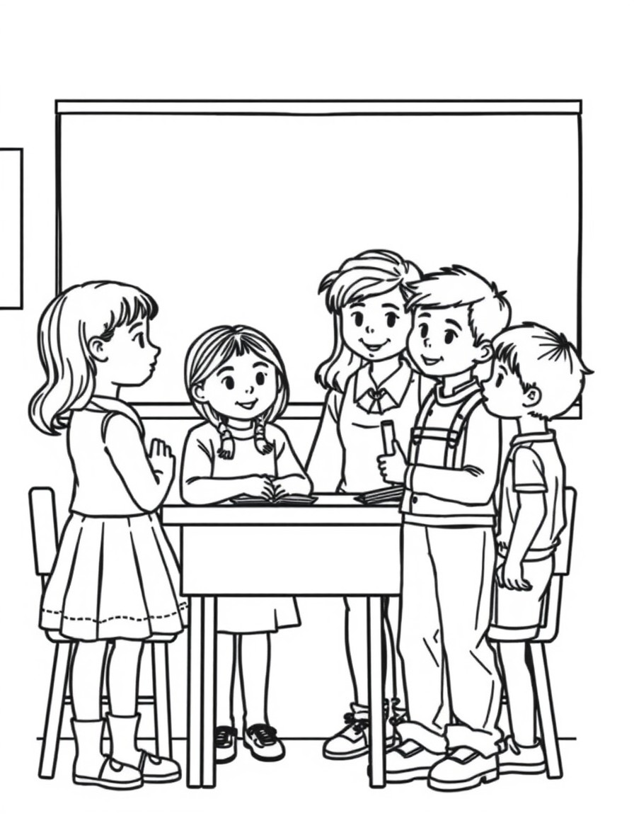 A classroom with two girls and two boys and a female teacher