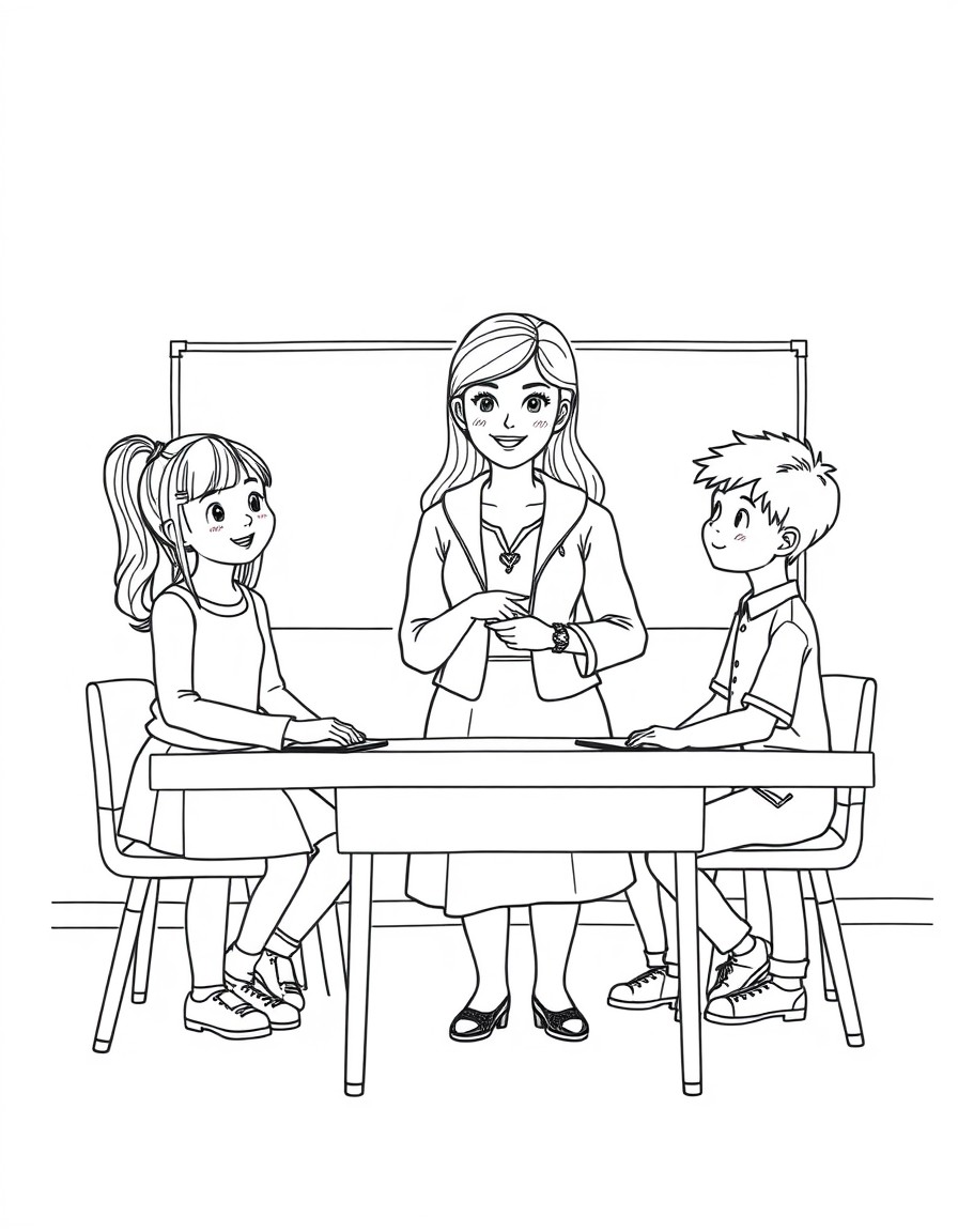A classroom with two girls and two boys and a female teacher