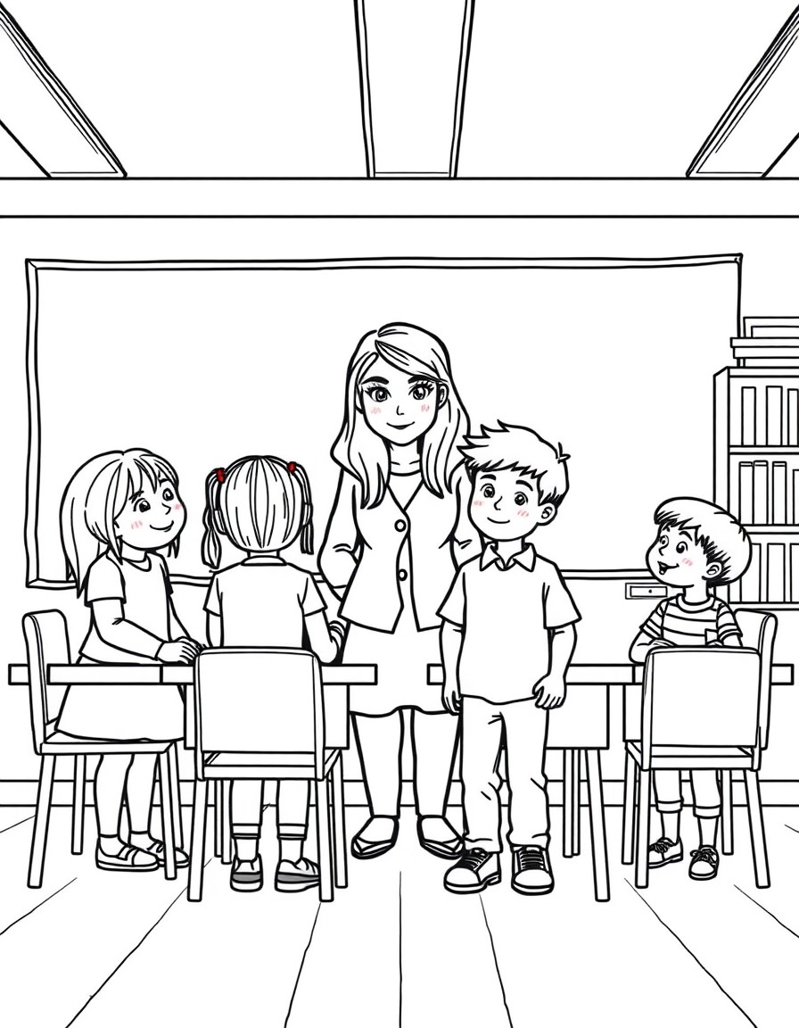 A classroom with two girls and two boys and a female teacher