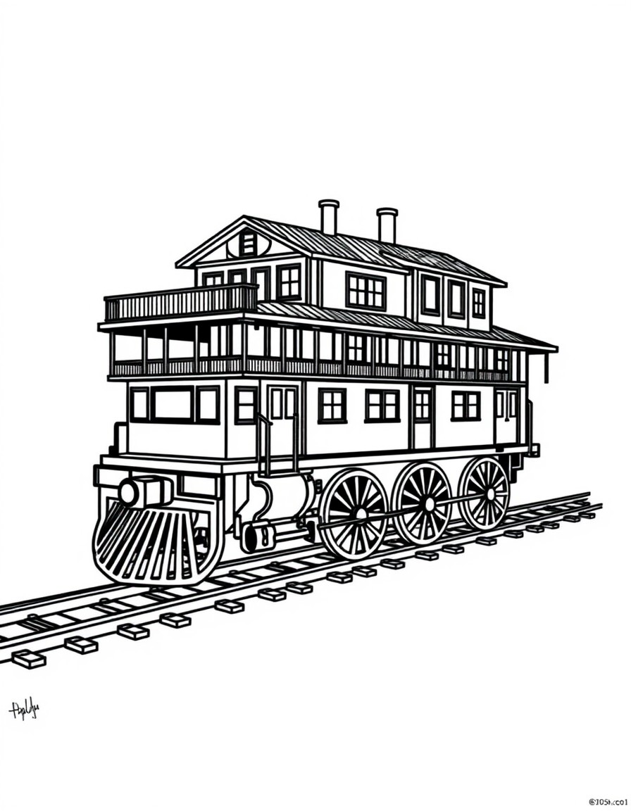 six story building on top of one story high train wheels, the whole structure being pulled along tracks by cables