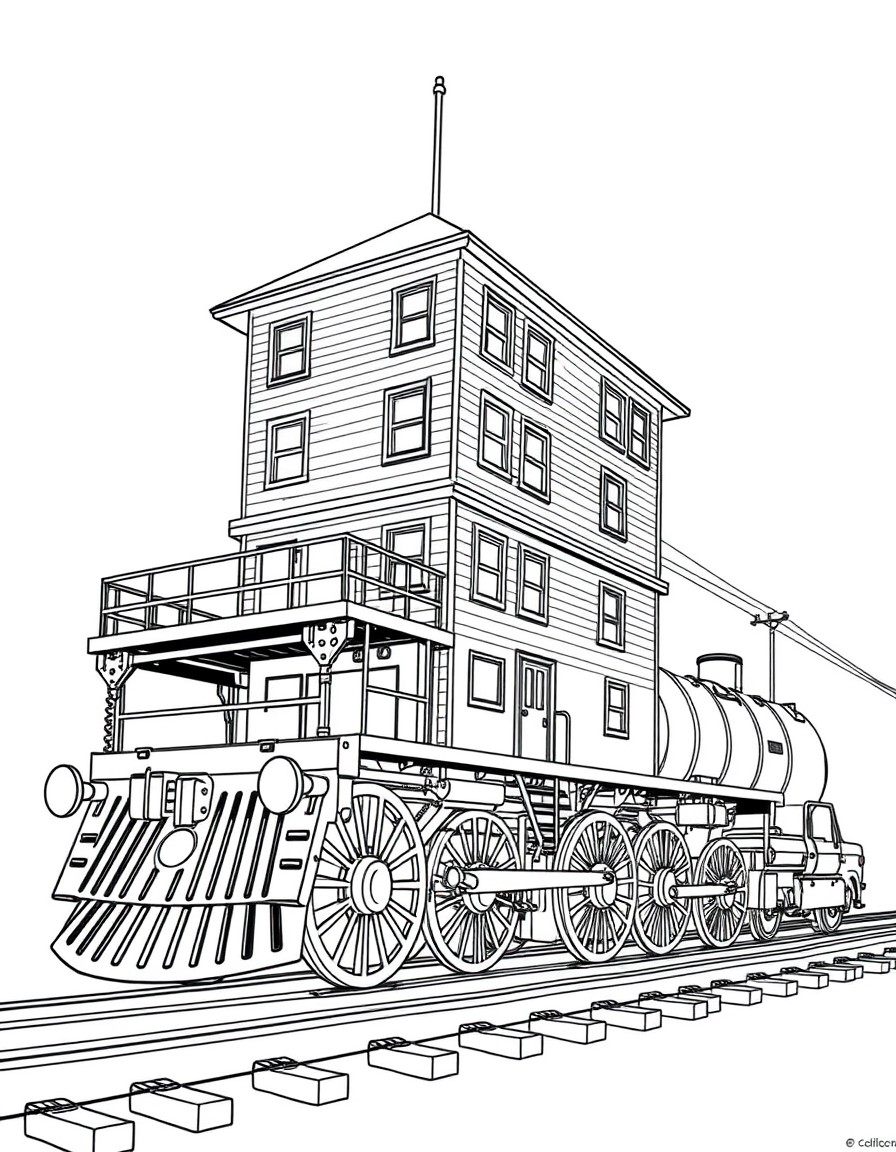 six story building on top of one story high train wheels, the whole structure being pulled along tracks by cables